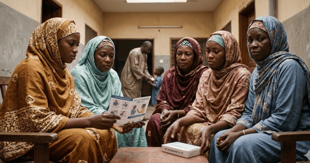 Mujeres senegalesas con velo en un entorno de poligamia, sosteniendo un folleto de pruebas de ITS y VIH. VIH y homosexualidad en Senegal.