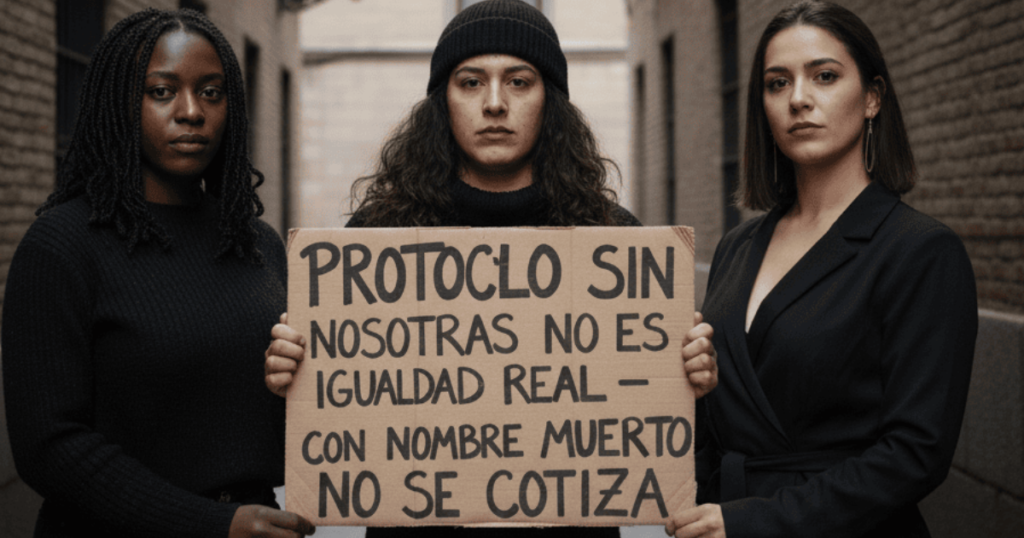 Fotografía de la firma del Protocolo trans empresas; una redactora toma notas durante el acto oficial mientras se discuten los derechos laborales en el entorno corporativo.