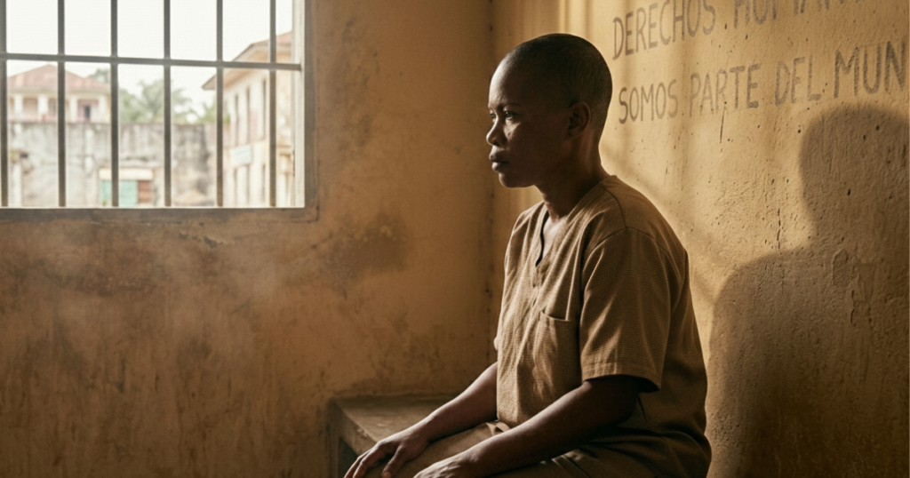 Una activista trans con el pelo rapado y uniforme de prisión en una celda en Guinea Ecuatorial. Chatina Suárez Guinea Ecuatorial.