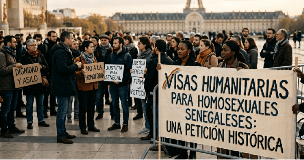 Petición en Francia por visas humanitarias para homosexuales senegaleses frente a la Torre Eiffel
