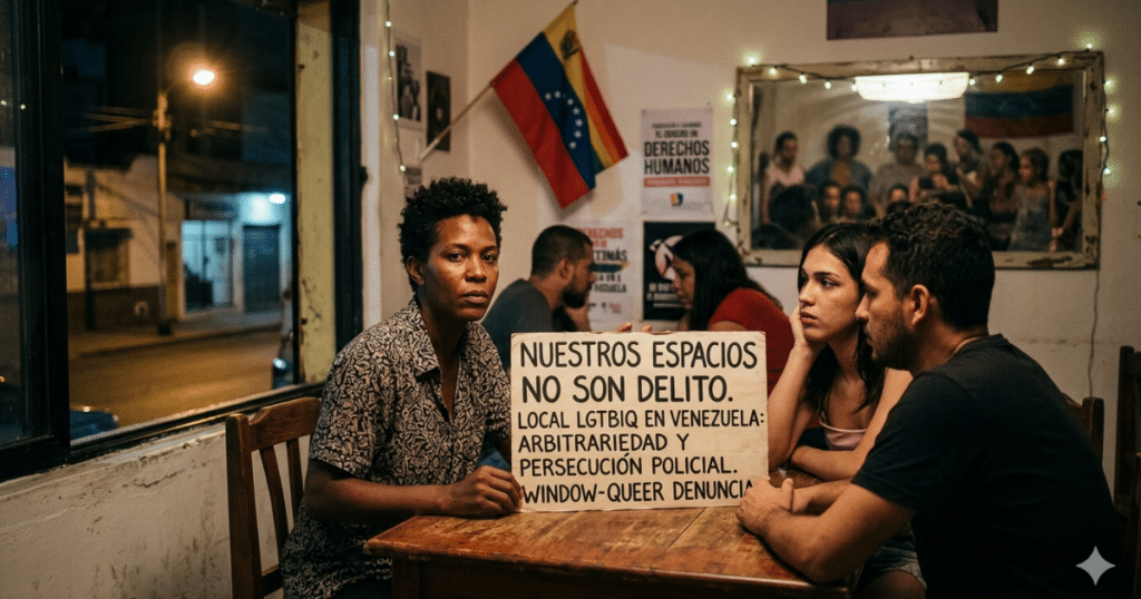 Una persiana metálica entreabierta de un establecimiento nocturno iluminado con luces de neón rosa y violeta. En primer plano, pegado sobre la pared de hormigón exterior, destaca un cartel que dice: "Local LGTBIQ en Venezuela: Arbitrariedad y persecución policial. Window-Queer Denuncia"