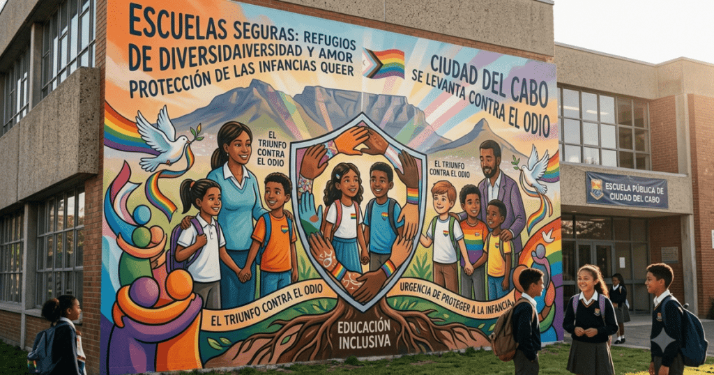 Un aula de clases iluminada y moderna con pupitres vacíos dispuestos de forma colaborativa. Al fondo, cerca de la pizarra, se observa una pequeña bandera LGTBIQ+ colocada de forma discreta y un cartel con el lema corporativo de Window-Queer que defiende los espacios libres de discriminación para las infancias trans y diversas.
