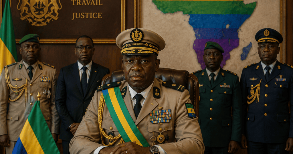 El líder de la junta militar de Gabón, Brice Oligui Nguema, sentado en un despacho oficial flanqueado por altos mandos militares y civiles. Al fondo se observa el escudo nacional con las palabras "UNION, TRAVAIL, JUSTICE", la bandera oficial de Gabón y un mapa del continente africano iluminado con un degradado con los colores del arcoíris que simboliza la diversidad.