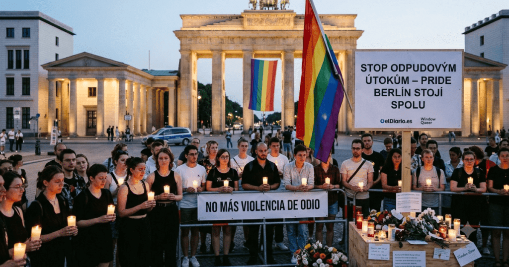 Vigilia con velas y banderas arcoíris frente a la Puerta de Brandeburgo en Berlín tras el atentado en el Orgullo LGTBIQ+ del parque Tiergarten.