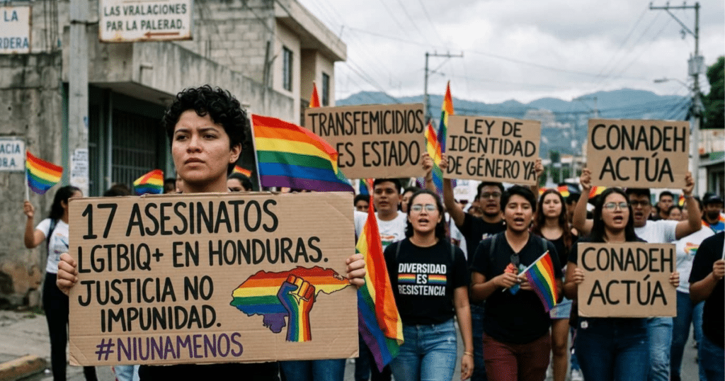 Mujer trans hondureña Girona protestando contra la violencia de género