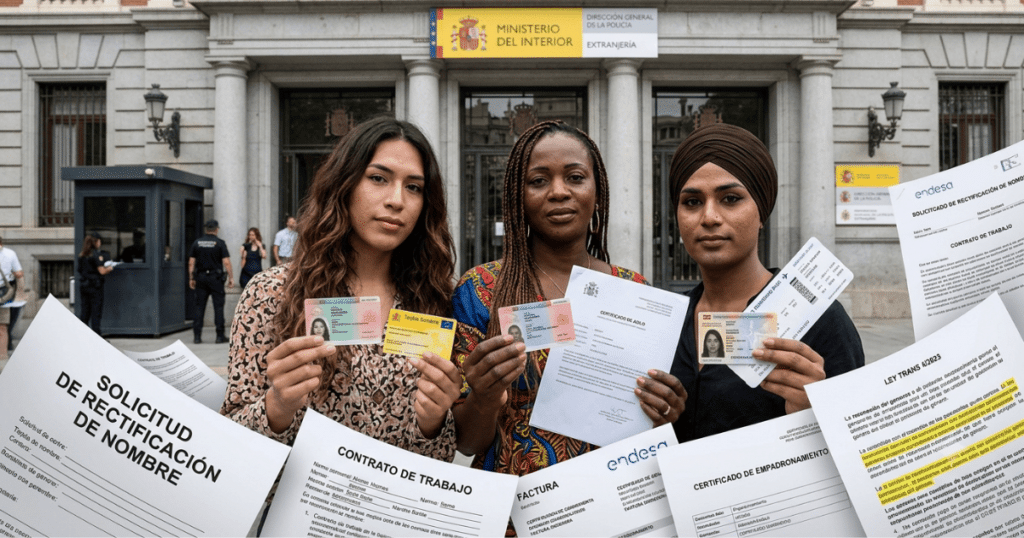 Tres mujeres trans migrantes (latina, africana, asiática) frente al Ministerio del Interior en Madrid sosteniendo sus nuevos documentos de identidad españoles y papeles oficiales.