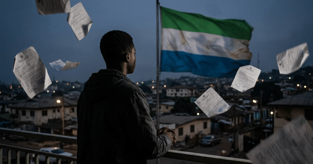Persona en penumbra frente a la bandera de Sierra Leona difuminada con documentos en el aire tras la redada contra homosexuales