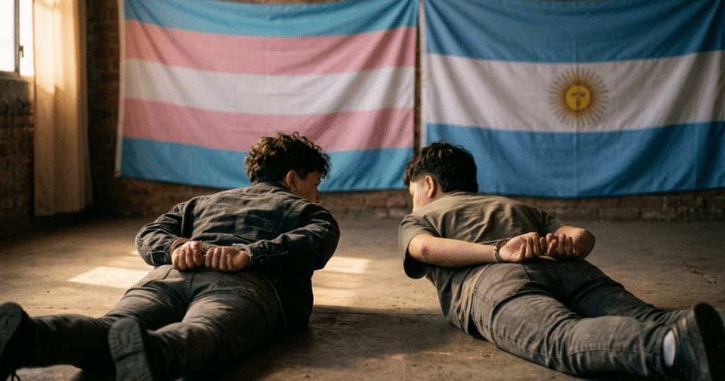 Caso Watts transfobia juicio Cordoba: jóvenes trans esposados de espaldas con la bandera trans y de Argentina difuminadas.