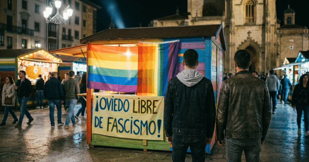 agresion ultra oviedo: pancarta LGTBIQ+ y antirracista en la caseta de Fiestes Populares