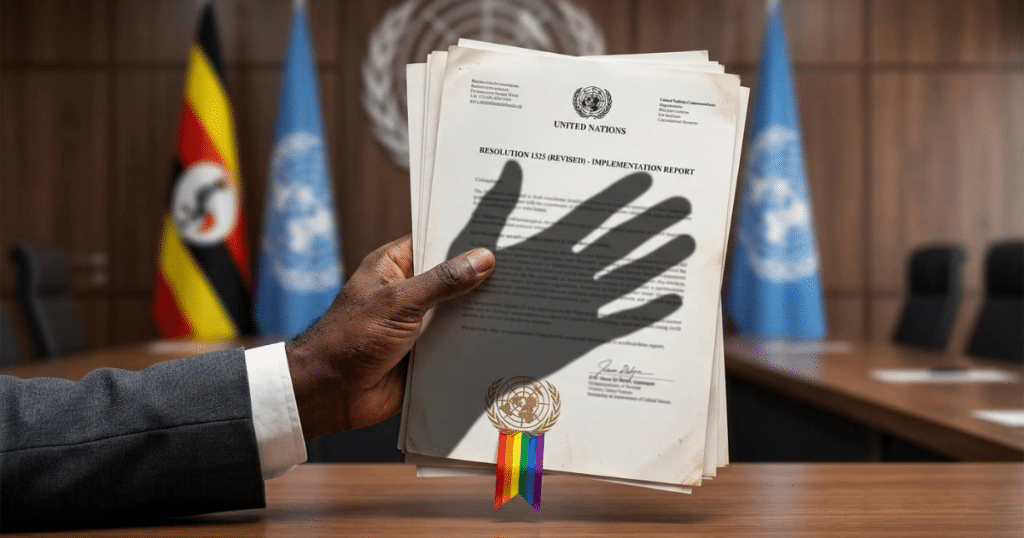 Una mano con traje formal sostiene un documento oficial de la ONU frente a las banderas de Uganda y de las Naciones Unidas. Sobre la resolución cae la sombra de una mano, mientras que en la parte inferior destaca un sello oficial con una cinta del arcoíris, representando el debate sobre la Ley contra la Homosexualidad de 2023 y los derechos humanos.