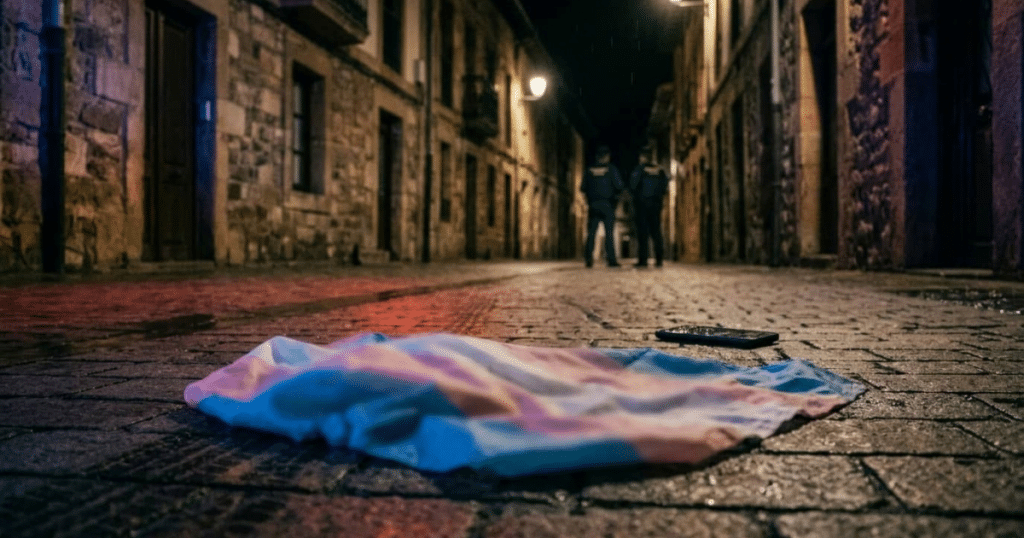 detenidos agresion trans asturias: bandera trans en el suelo durante investigacion policial en piedras blancas