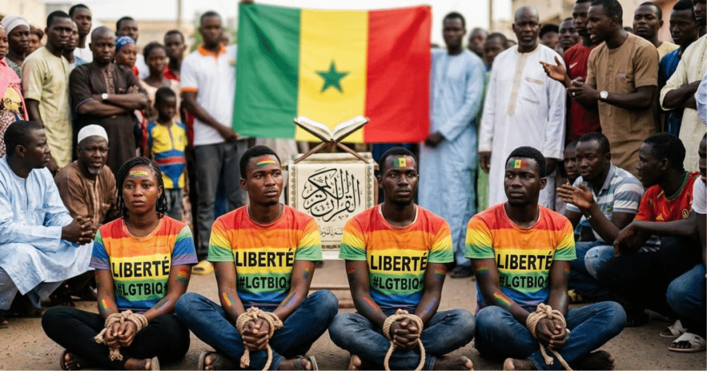 Homosexualidad Senegal Ousmane Sonko: activistas atados con banderas LGTBIQ+ pintadas protestan ante una multitud en Tivaouane, con simbología islámica de fondo.