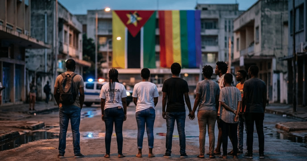 comunidad lgbtq en mozambique: ilustracion conceptual de activistas con la bandera de mozambique y del orgullo